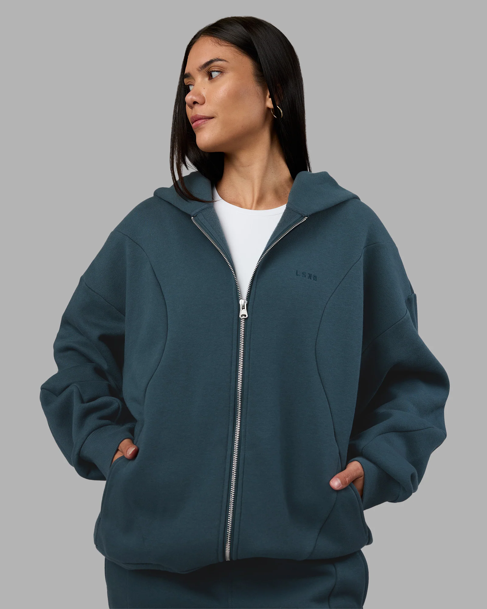 Stream Oversized Panel Zip Hoodie - Deep Sea